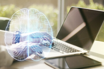 Poster - creative artificial intelligence concept with human brain hologram and hands typing on laptop on bac
