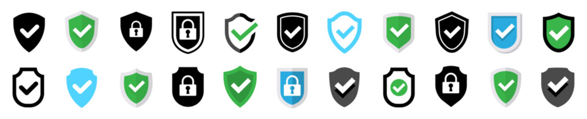 Poster - shield check mark icon set. set of security shield. security shield protection icon with tick. vecto
