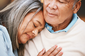 Wall Mural - Love, grief and elderly couple hugging with support, bonding and spending quality time together at home. Affection, loss and sad senior man and woman in retirement embracing with care at their house.