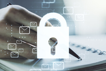 Poster - Creative lock sketch with email symbols hologram and man hand writing in notepad on background, protection of personal data concept. Multiexposure