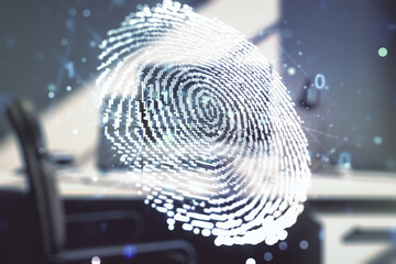 Aufkleber - Multi exposure of abstract fingerprint scan interface and modern desk with computer on background, digital access concept