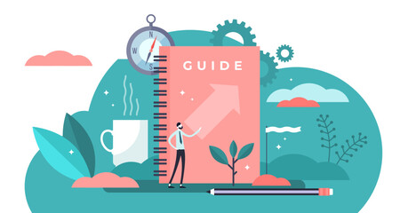 Guide illustration, transparent background. Flat tiny technical FAQ information persons concept. Abstract search and find for information guidance and knowledge.