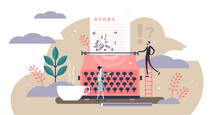 Story Illustration, Transparent Background.Flat Tiny Literature Text Author Persons Concept.Abstract Fantasy Book Writing.Narrative Scene Development With Typewriter.