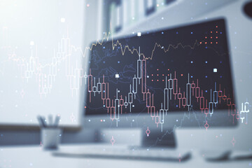 Double exposure of abstract creative financial chart and modern desktop with laptop on background, research and strategy concept