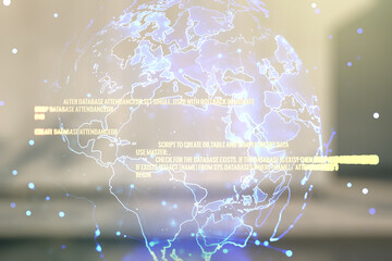 Poster - Double exposure of abstract creative programming illustration and world map on contemporary business center exterior background, big data and blockchain concept