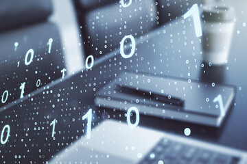 Aufkleber - Double exposure of creative abstract binary code hologram on laptop background. Database and programming concept