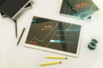 Poster - Abstract creative analytics data spreadsheet and modern digital tablet on desktop on background, top view, analytics and analysis concept. Multiexposure