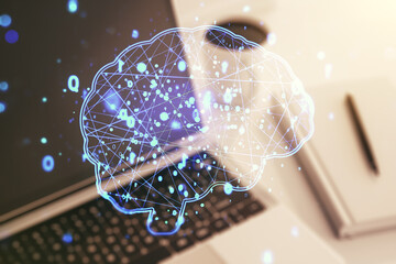 Poster - Creative artificial Intelligence concept with human brain sketch on modern computer background. Double exposure
