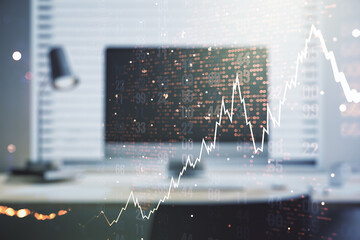 Poster - Double exposure of abstract creative financial chart with world map on laptop background, research and strategy concept