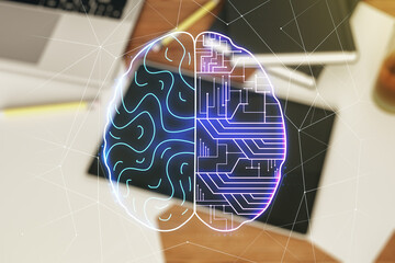 Poster - Creative artificial Intelligence concept with human brain hologram and modern digital tablet on background, top view. Multiexposure