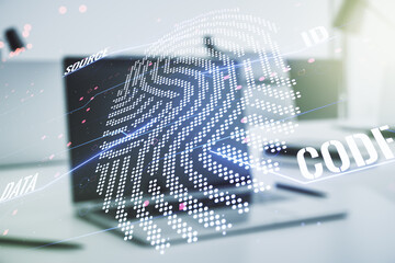 Aufkleber - Abstract creative fingerprint illustration on modern computer background, personal biometric data concept. Multiexposure