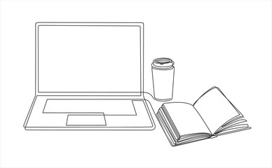 Poster - One continuous line drawing of computer laptop, book and a cup of coffee. Study space desk concept. Single line draw design vector illustration