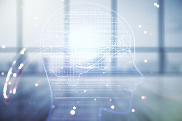 Poster - Double exposure of creative artificial Intelligence hologram on empty modern office background. Neural networks and machine learning concept