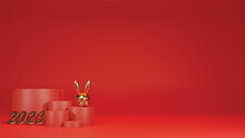 Chinese New Year 2023 Concept. Simple Showcase Scene With Empty Podium Stage For Product Presentation And Rabbit. Top View And Copy Space Template, Layout Useful For Best Wishes And Shopping Concept.