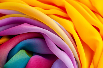 Silk fabric is folded in layers. Bright silk fabric for sewing. Colorful textile closeup.