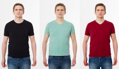 Banner Set guy in t-shirt isolated on white background. Mockup template summer colorful clothes shirt. Black mint red tshirts front view with blank copy space.