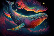 Cosmic Whale Swimming Through The Universe. Fantasy Illustration Of A Cetacean Travelling In Space. Illustration, Generative Art