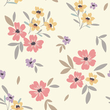 Seamless Floral Pattern, Cute Ditsy Print With Rustic Motif. Delicate Flower Surface Design With Small Hand Drawn Plants: Flowers, Leaves, Twigs On A Light Background. Vector Illustration.