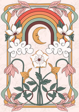 An Abstract And Modern Artwork On Art Nouveau And 70s Retro Style. Boho Poster Illustration With Botanical Leaves, Flowers, Cloud, Rainbow, Moon. Perfect For Posters, Wall Art, Notebook Cover.