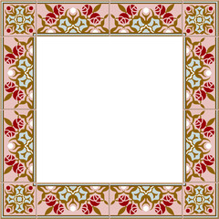 Wall Mural - Antique square tile frame botanic garden vintage pattern pink red rose flower