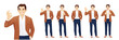 Young business man in casual clothes different poses set. Various gestures - greeting, showing ok sign, thumbs up isolated vector illustration