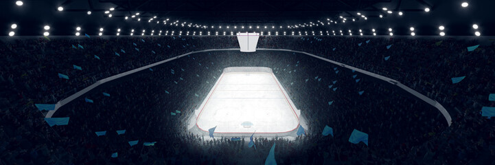 Wall Mural - Aerial view. 3D model of empty ice rink stadium arena for sport competition, championship. Stadium with lively stands with sports hockey fans.