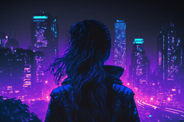 science fiction scenery, young girl with a backpack on the roof in a futuristic city in the night, p
