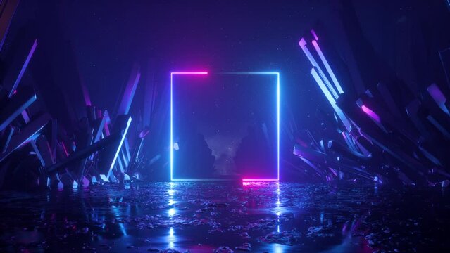 Wall Mural -  - looping 3d animation. Abstract futuristic neon background with blank square frame and crystals. Pink blue glowing lines draw simple geometric shape. Spiritual fantasy wallpaper