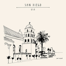 Vector San Diego, California, USA Postcard. Immaculate Conception Catholic Church. Hand Drawn Old Town Church And Palm Tree Vintage Touristic Postcard Or Poster