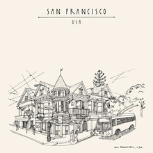 Vector San Francisco, California, USA Vintage Hand Drawn Postcard Or Poster. Trolleybus On The Route In The Streets Of The Old Town