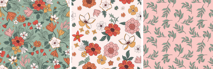 Art Nouveau inspired floral seamless pattern set of 3. 70s retro wam color palette. Perfect for textile print, wrapping paper, wallpaper etc.