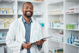 Fototapeta Panele - Pharmacy, portrait and black man with clipboard, medicine and pill prescription. African American male, pharmacist and medical professional writing, make notes for stock and inventory for healthcare.