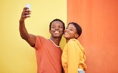 Poster - Gen z, young black couple happy in selfie with smartphone and influencer with post for social media against color wall background. Smile in picture, fashion mockup and tech with man and woman youth