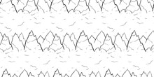 Seamless Pattern With Mountains Line Art. Black, White Birds And Mountain Peaks. Vector Illustration