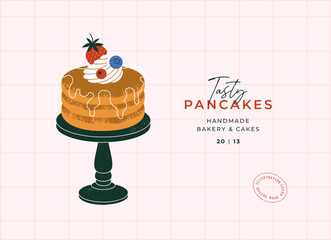 Wall Mural - pancakes with whipped cream and berries on a plate. design template. vector illustration