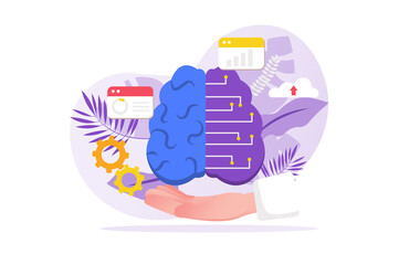 Aufkleber - Artificial intelligence concept with people hand in flat design. Machine learning, robot technology improvement, science of creating intelligent cyborgs and smart system. Illustration for web