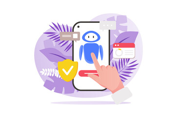 Aufkleber - Virtual assistant concept with people hand in flat design. Chatbot problem solving, consulting and online help with artificial intelligence bot in mobile application. Illustration for web