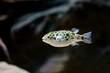 Green pufferfish or speckled pufferfish (Dichotomyctere nigroviridis) swimming with a dark background