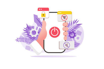 Aufkleber - Digital detox concept with people hand in flat design. User turns off Internet access and applications in mobile phone, rests from psychological stress and addiction. Illustration for web