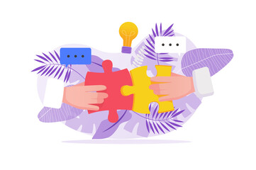 Aufkleber - Teamwork concept with people hand in flat design. Collaboration and partnership in project work, brainstorming and idea generation, management and business communication. Illustration for web