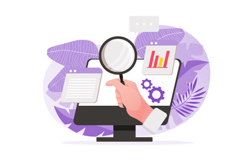 Poster - Searching opportunities concept with people hand in flat design. Businessman looking for new career goals. Candidate views open vacancies and sending resume online. Illustration for webvv