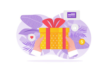 Poster - Bonus concept with people hand in flat design. Customer receives gift while shopping from store. Marketing strategy and business loyalty program for regular clients. Illustration for web