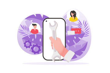 Aufkleber - Support concept with people hand in flat design. User contacts support service for solving technical problems and calling to online consultations using mobile phone. Illustration for web