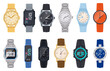 © GreenSkyStudio - Cartoon wristwatches. Gold and silver hand clocks, quartz analog and electronic watch accessories flat vector illustration set. Vintage classic wristwatches collection