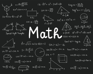 Maths doodle. Hand drawn mathematics formulas on chalkboard for background, banner, book cover and etc. Education industry. Mathematical theory of school education