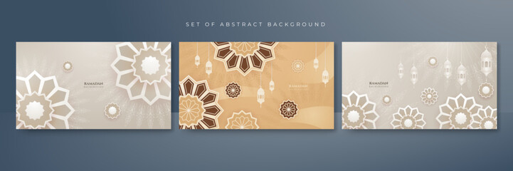 Wall Mural - Set of Islamic style ramadan beige design background banner. Arabic Ramadan Kareem style arch in beige color with traditional mandala pattern. Copy space. Vector illustration