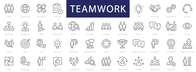 Teamwork and Business People thin line icons set. Teamwork editable stroke icon collection. Business icons. Team signs. Vector illustration
