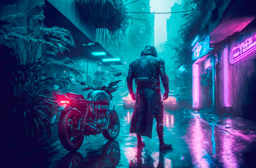 Photorealistic Generative AI illustration of a Rainy foggy night on a street of a cyberpunk city. Tropical vegetation near old buildings. Wet asphalt reflecting glowing neon lights. Gloomy urban scene