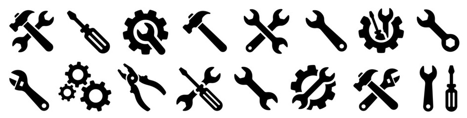 tools and service icons set. wrench, screwdriver and gear icon. screwdriver and wrench glyph icon. s