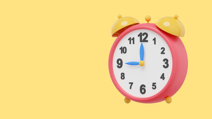 Poster - Multicolored vintage alarm clock, side view . 3d rendering. Icon on yellow background, space for text.